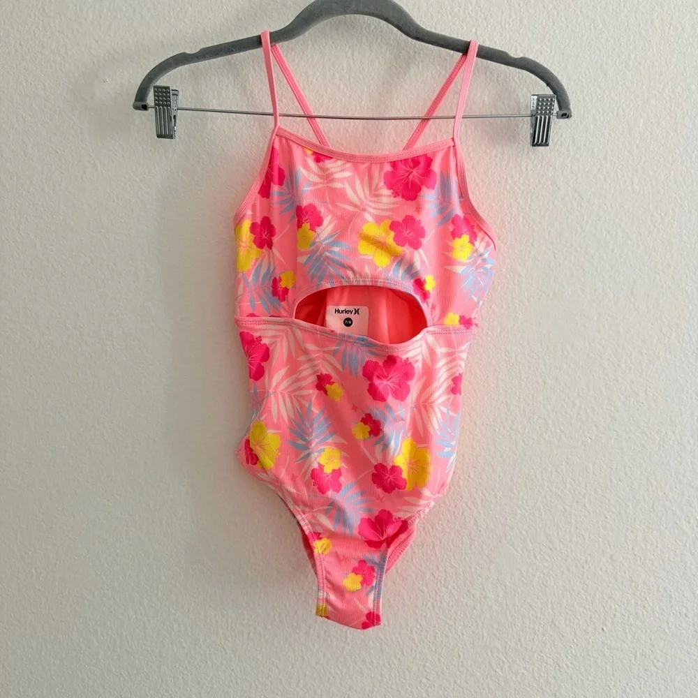 Hurley Youth Girls' Pink Floral Hawaiian Cut Out One Piece Swimsuit Size 7/8